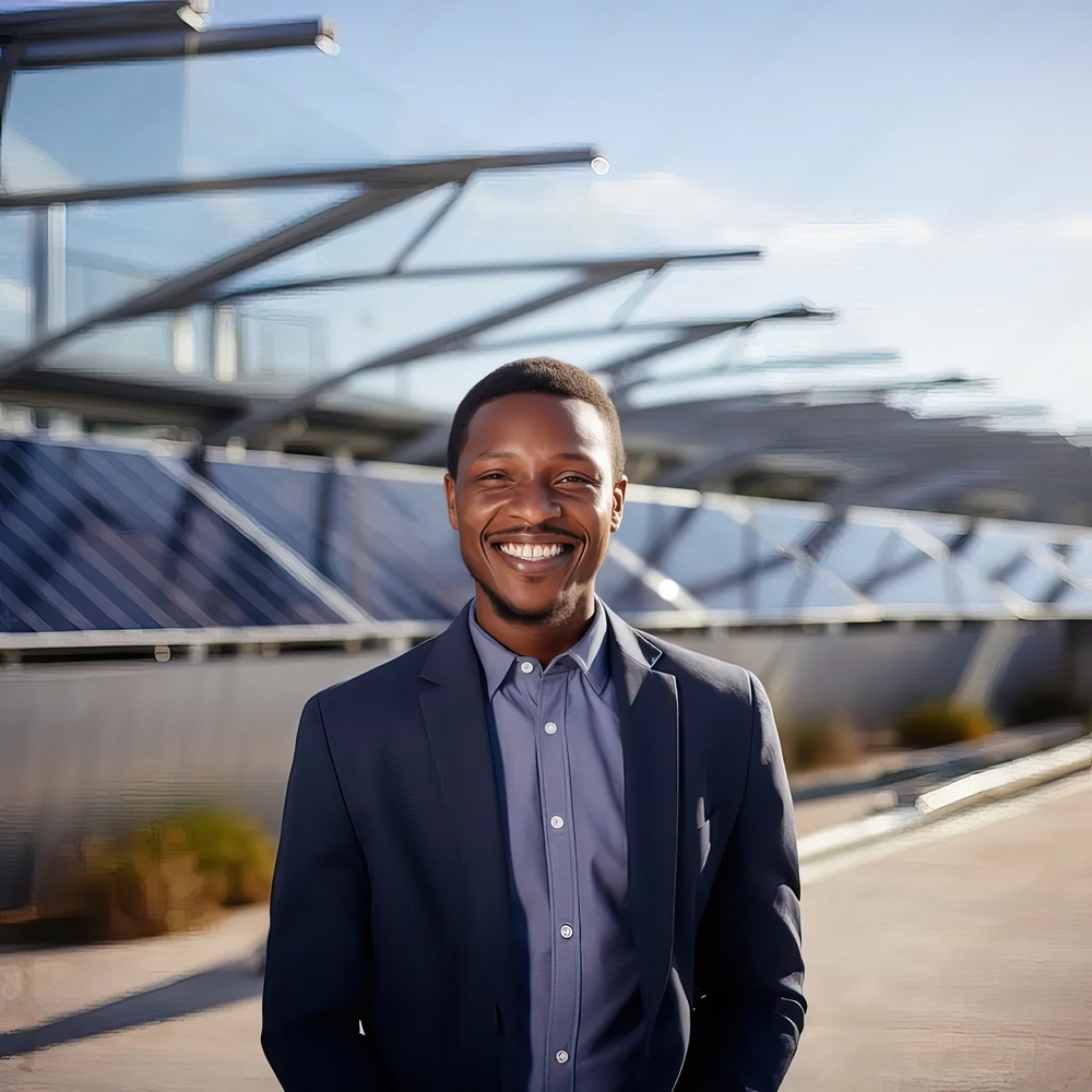 Man standing in front of solar panels